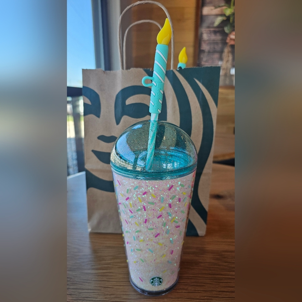 Starbucks Domed Birthday Confetti Glitter Cold Cup w/Silicone StrawTopper 16oz
